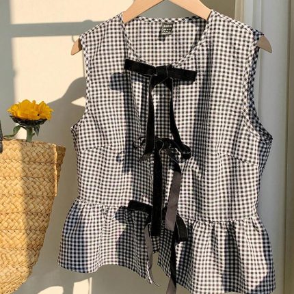 Comfortcana Red & White Plaid Woven Sleeveless Shirt With Front Knot For Women