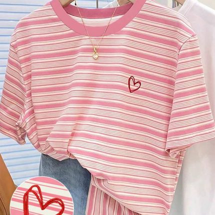 SHEIN Multi-Color Stripe Digital Printing & Embroidered Heart Regular Round Neck T-Shirt